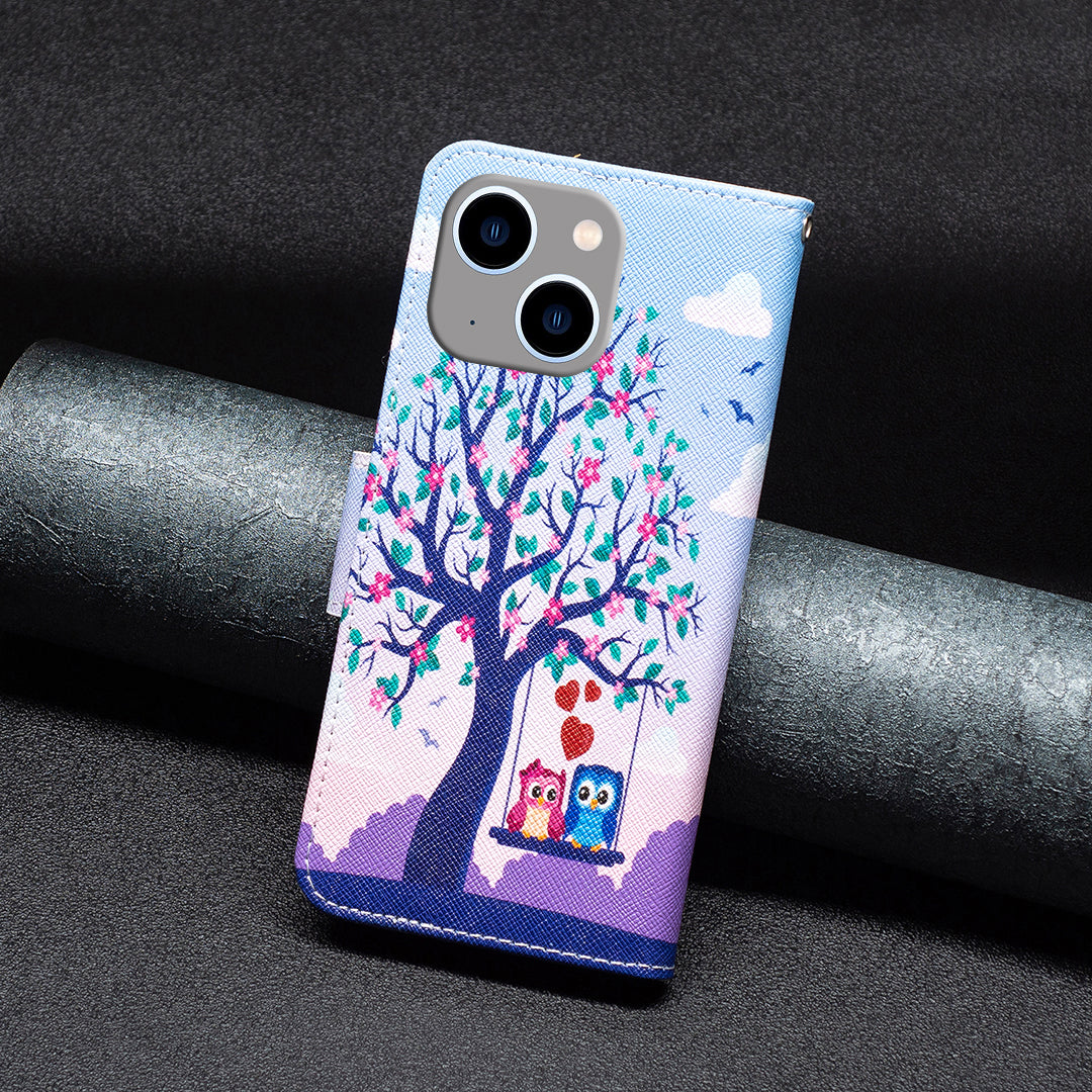 Uniqkart for iPhone 15 Plus Wallet PU Leather Phone Case Pattern Printing Stand Protective Phone Cover - Two Owls Uniqkart for iPhone 15 Plus Wallet PU Leather Phone Case Pattern Printing Stand Protective Phone Cover - Two Owls